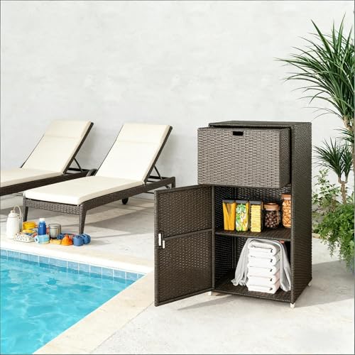 Tall Outdoor Storage Box and Wicker Deck Box Cabinet with Magnetic Doors and Drawer, Resin Rattan Patio Organizer for Poolside Towels and Garden Tools, 23.6 x 23.6 x 47.2 Inches, Dark Brown - color: Dark Brown - 23.60 X 23.60 X 47.20 Inch