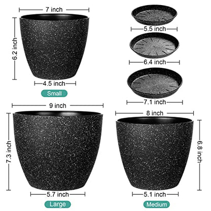 Vanavazon Plant Pots 9/8/7 Inch Set of 3 Flower Pots Indoor Outdoor Plastic Planters with Drainage Hole and Tray (Speckled Black) - color: Black