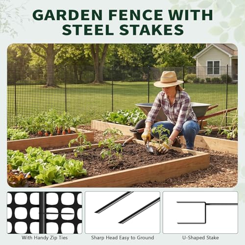 Plastic Chicken Wire Mesh Fence with Metal Stakes, 39.4in x 82ft - color: Black Grid