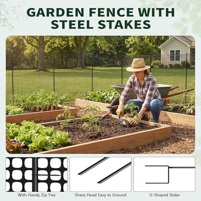 Plastic Chicken Wire Mesh Fence with Metal Stakes, 39.4in x 82ft - color: Black Grid