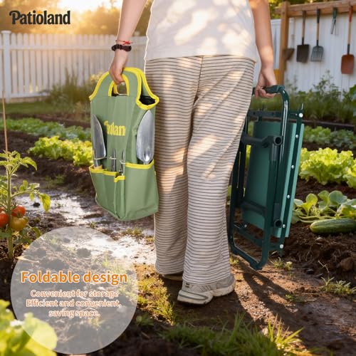 Foldable Garden Kneeler and Seat,Gardening Workseat w/ Tool Pouch & HandBag - color: Green-modle C