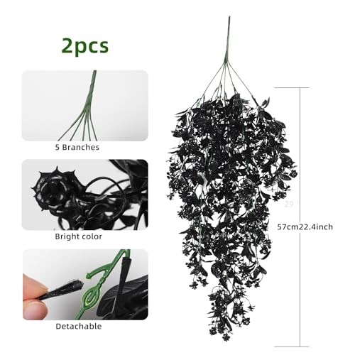 RECUTMS Artificial Black Hanging Flowers Plants for Halloween Decor 2Pcs - color: Black-rose