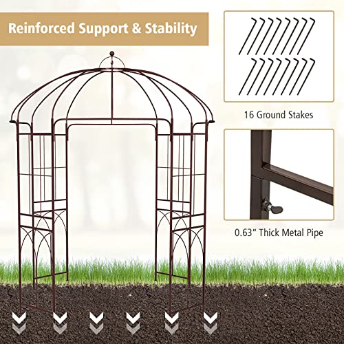 LDAILY Garden Arches Arbors Birdcage Shape, 8.4' H x 7' W Metal Pergola Pavilion with 16 Ground Stakes, French Arch Trellis for Wedding, Party & Outdoor Gardens Supports for Climbing Plants, Brown