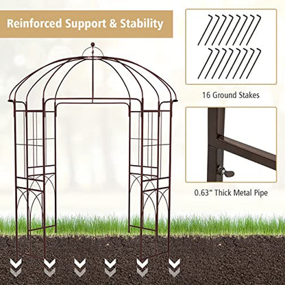 LDAILY Garden Arches Arbors Birdcage Shape, 8.4' H x 7' W Metal Pergola Pavilion with 16 Ground Stakes, French Arch Trellis for Wedding, Party & Outdoor Gardens Supports for Climbing Plants, Brown