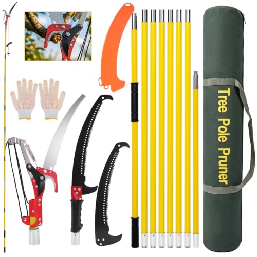 7.3-27FT Extendable Pole Saw with Scissors, Lightweight 8 Section Fiberglass Pole, Sharp High Carbon Steel Double-Hook Saw, Manual Tree Trimmer for High Branch Trimming,Lawn and Garden