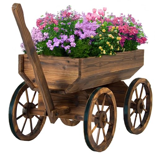 Wood Wagon Planter for Outdoor Balcony Decor - Garden Rustic Wooden Flower Cart with Wheels for Outside - Decorative Indoor - Wheelbarrow Planter for Patio -Reinforced Wheel - color: Steel Strengthened Wood Wheels