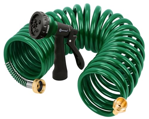 AUTOMAN Coil Garden Hose 25 ft, EVA Curly Water Hose with Brass Connectors, Recoil Garden Water Hose,Includes 7-Pattern Function Sprayer,Retractable,Corrosion Resistant Garden Coil Hose. - color: Dark Green, size: 25ft