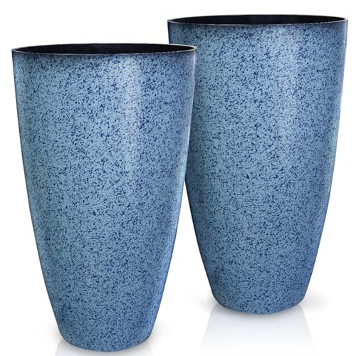 2 Pcs Pack 21 Inches Plastic Resin Tall Tapered Planter Pots Large Round Planter Flower Pot with Drainage Holes for Indoor Outdoor Deck Porch Garden Home Patio Front Door (Blue, L) - color: Blue