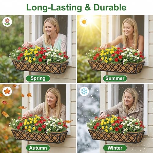Y&M 4pcs 24 Inch Window Deck with Coconut Coir Liner, 24" Railing Planter Horse Trough Coco Basket Boxes Metal Hanging Flower Balcony for Outdoor Garden Fence Lawn - size: Flower 24in 4pcs