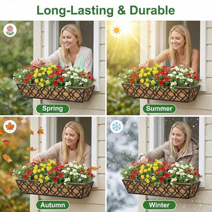 Y&M 4pcs 24 Inch Window Deck with Coconut Coir Liner, 24" Railing Planter Horse Trough Coco Basket Boxes Metal Hanging Flower Balcony for Outdoor Garden Fence Lawn - size: Flower 24in 4pcs