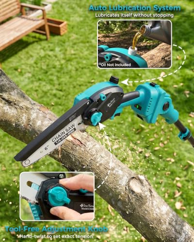 Pole Saws for Tree Trimming, 6" Brushless Mini Chainsaw with Extension Pole - color: Sky Blue