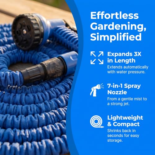 1PCS 50FT Garden Hose, Water Hose Retractable Garden Hose 1/2 and 3/4 Inch Connectors for Gardening Tools Essentials (Blue)