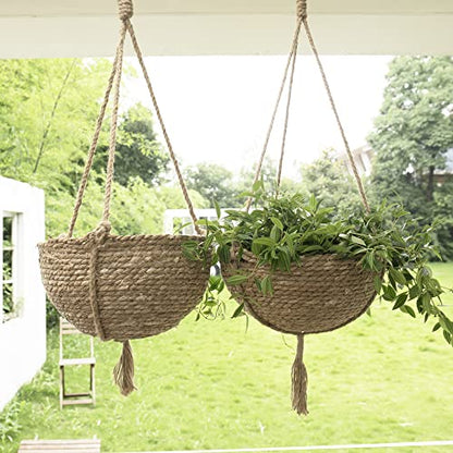 LA Jolie Muse Seagrass Hanging Planters, Set of 2, 12.4" D x 6.3" H, Brown - size: Large