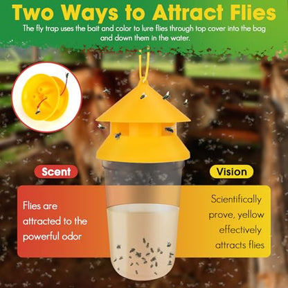 Outdoor Fly Traps, 2 Pack Reusable Hanging Fly Trap for Patio with 12 Non-Toxic Dissolvable Bait Refills, Insect Bug Catcher Killer for All Filth Flies with Ties for Outside Bug Control Yard Ranch