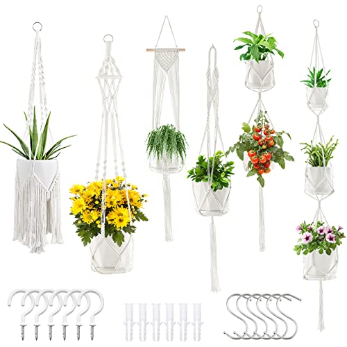 SFENNGPET Macrame Plant Hangers, 6Pack Hanging Planters for Indoor Plants - color: White
