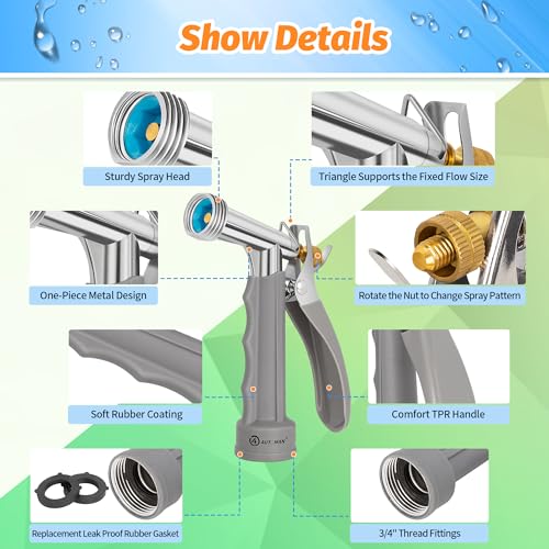 AUTOMAN Full Size Garden Hose Nozzle 2 Pack, High Pressure Pistol Grip Water Nozzle Sprayer with Threaded Front, Adjustable Spray Water Flow for Washing Car, Cleaning Ground, Watering Plants - size: 2 Pack, style: Zinc Alloy+TPR