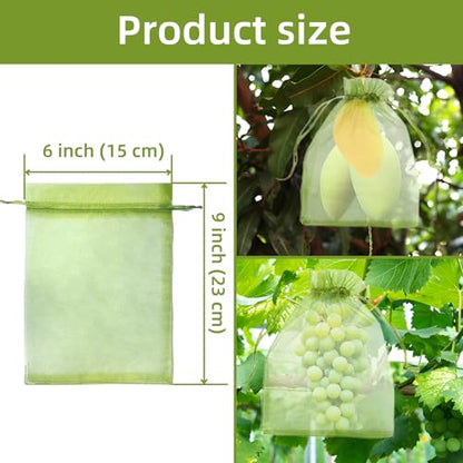 100pcs Fruit Protection Bags 6x9 inch, Green Netting Cover Fruit Mesh Drawstring Bags Protectors Pest Barrier for Fruit Tree, Tomato, Blueberry, Small Fruit Veggies Garden (100pc, 6x9 inch) - size: 6x9 inch