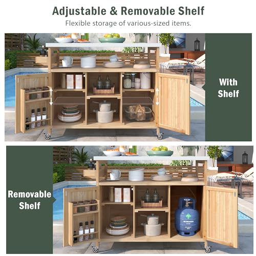 Outdoor Deck Box and Grill Prep Station with 201 Stainless Steel Top, Solid Fir Wood Patio Storage Cabinet for BBQ Tools and Cushions, Rolling Kitchen Island with Spice Rack, 50-Inch, Natural - color: Natural - 50.25 X 18.50 X 36.25 Inch