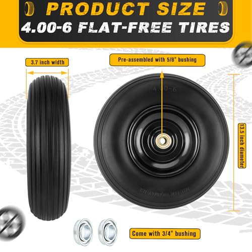 4.00-6 Flat-free Tire and Wheel, 13" Wheelbarrow Wheels and Tires with 5/8" or 3/4" Bearings 4.00-6 Solid Tires Replacement for Wheelbarrow, Gorilla Cart, Hand Trucks, Garden Carts(2 PCS)