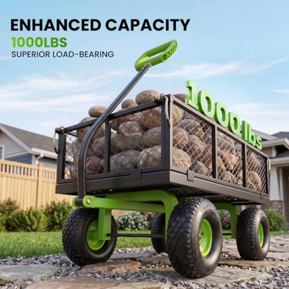 Etoolab Steel Garden Cart 1000 Lbs Capacity with 10" All Terrain Tires - color: Green & Black