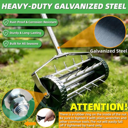 Rolling Lawn Aerator Tool, 57 Inch Back-Saving Handle, Heavy Duty Galvanized Steel Spike Aerator for Grass Roots, 1.4" D Manual Push Loosener