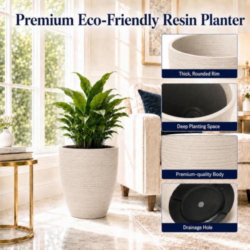 Usocik Large Outdoor Planters, Set of 4, 10/12/21/24 Inch, Beige Matte - color: Beige Ribbed Matte