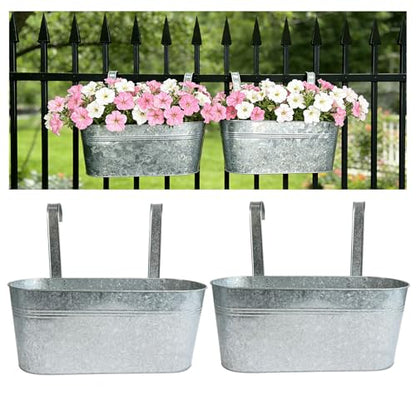 2 Pack 17" Galvanized Hanging Railing Planters with Hooks and Drainage - size: 17 Inch