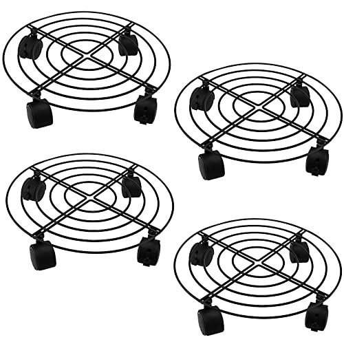 SINJEUN 4 Pack 10.6 Inch Metal Plant Caddy, Rolling Potted Plant Dolly, Flower Pots Plant Stand with Lockable Wheels for Indoor and Outdoor Planter Pots, Black