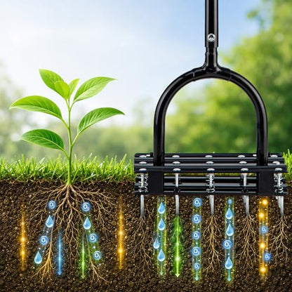 Lawn Aerator - 2-in-1 Manual Aerator with Automatic Dirt and Leaf Clean, Heavy-Duty Reinforced 15 Spikes & Ergonomic T-Handle for Lawn Maintenance, Garden Care, Yard Work (Black)