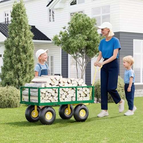 900 Lbs Heavy Duty Steel Garden Cart for Yard, Lawn, Patio, Farm & Construction, 2-in-1 Utility Wagon with Removable Sides, 10" All-Terrain Wheels, Green Yellow
