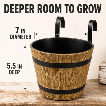 2-Pack Hanging Railing Planters, 7 in Rustic Barrel Flower Pots