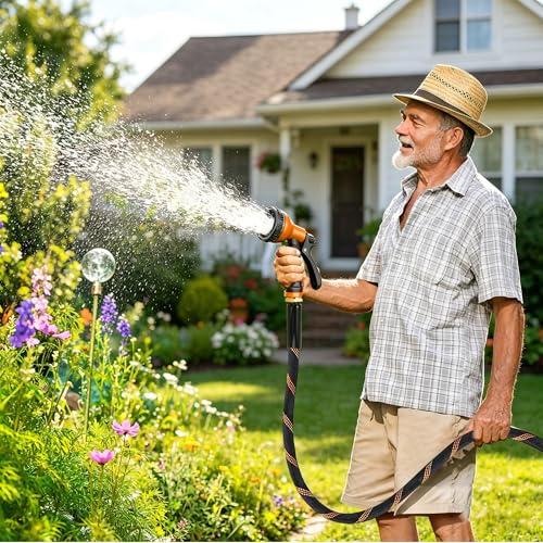 Expandable Garden Hose 50 ft with 10 Function Spray Nozzle, Flexible, Kink Free, Leak-Proof, Ultra Lightweight Retractable Stretch Water Hose 50ft for Yard, Lawn, Car Wash and Outdoor, Black Orange