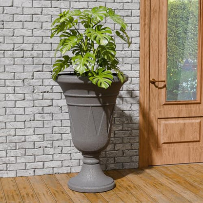 Tall Plastic Urn Planters and Pedestal - 24" Outdoor Planter Grey - color: Dark Grey-trophy