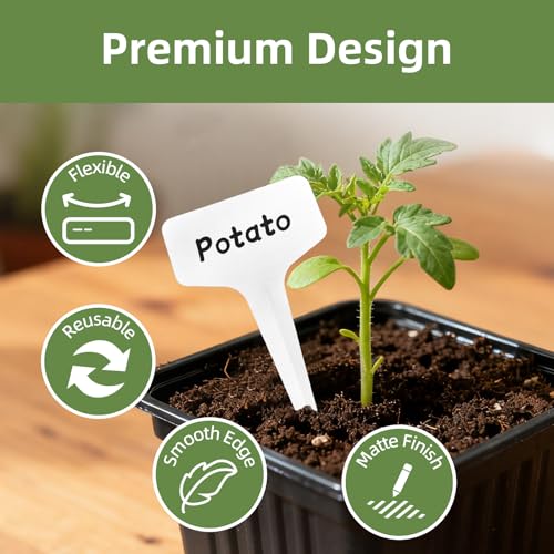 KMOSENIA Plant Labels, 100 Pack T-Type Garden Markers with Pen