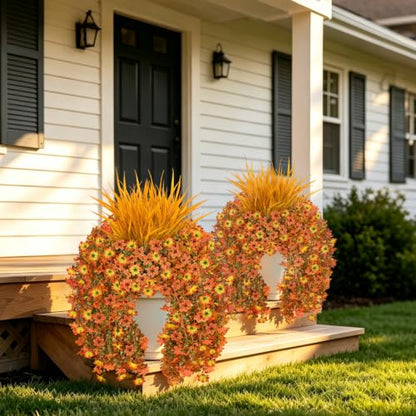 7PCS Artificial Fall Hanging Flowers for Outdoor, Six-Petaled Faux Mums - color: Orange Yellow