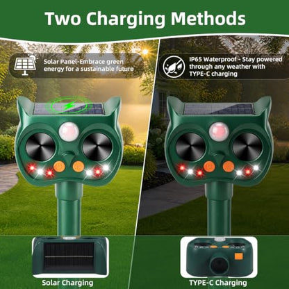 2 Pack Solar Ultrasonic Animal Repeller, Motion Sensor Deer Cat Deterrent