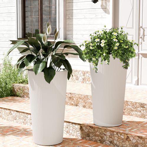 24" Tall Round Planters for Outdoor Plants Fluted Finishes - White - color: White