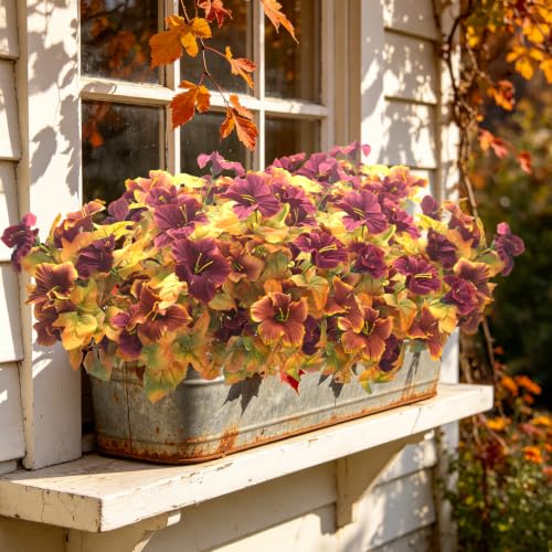UV Resistant Artificial Outdoor Petunias, Faux Fall Flowers for Planters - color: Fall Brown Red