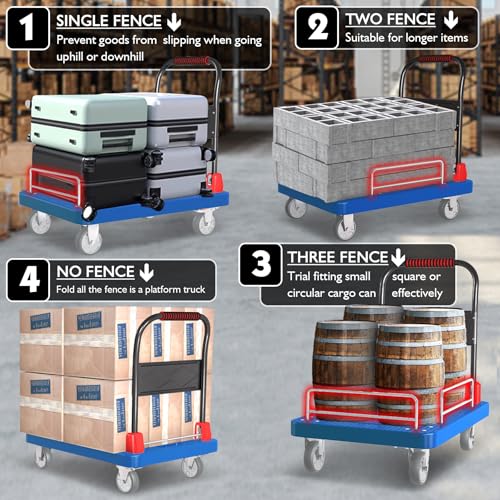 1300lbs Platform Truck with Brake Wheels & Foldable Fences - color: Blue, size: 36"x24"
