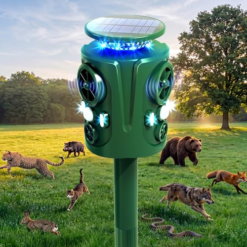 Solar Ultrasonic Animal Repeller Outdoor 360° Motion Activated Animal Deterrent, Cat Repellent Outdoor with LED Light, IP66 Waterproof 5 Modes Deer Squirrel Raccoon Skunk Rabbit Dog Repellent for Yard