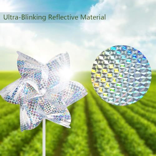 10 Pack Reflective Pinwheels for Garden Yard - Sparkly Silver Bird Deterrent Devices for Outside - Humane Woodpecker, Pigeon & Goose Repellent Wind Spinners - Decorative Mylar Pin Wheels with Stakes