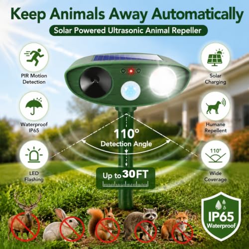2 Pack Upgraded Sonic Deer Repellent Devices,Solar Ultrasonic Animal Repeller Outdoor for Racoons,Squirrels,Cats,Rabbits &Foxes,Waterproof Flashing Light Motion Sensor Animal Deterrent for Garden Yard