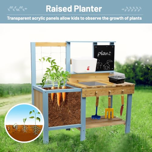 Kids Potting Bench for Outdoor, Fir Wood Gardening Station with Transparent Planter Box, Outside Activity Wooden Table with Sink,Faucet, Garden Accessories, Mud Kitchen for Kids 3+