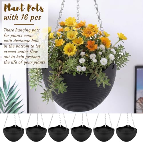 Zopeal 16 Pack Self Watering Hanging Planters 8 Inch Garden Flower Plant Pot Container with Drainer and Chain Round Hanging Pot Plant Basket for Indoor Outdoor Plants (Black) - color: Black