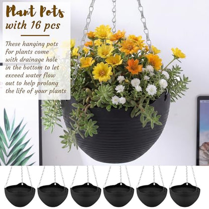 Zopeal 16 Pack Self Watering Hanging Planters 8 Inch Garden Flower Plant Pot Container with Drainer and Chain Round Hanging Pot Plant Basket for Indoor Outdoor Plants (Black) - color: Black