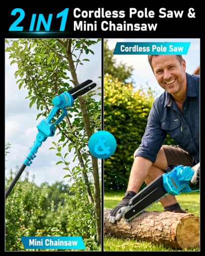 Electric Pole Saw 6inch Mini Chainsaw Cordless Brushless 4.0Ah Batteries Fast Charger Telescopic Power Pole Saw Tree Trimmer Limb Branch Cutter Pruner 16 Ft Max Reach Multi-Angle Blue - color: Blue-1 Battery