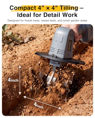 Mini Cordless Tiller Cultivator, 20V Electric Rototiller for Gardening, Lightweight 2.6 lbs Handheld Garden Tiller with 2×2.0Ah Battery, 4" Width×4" Depth, for Raised Beds, Lawn, Flower Beds & Weeding - size: 4inch x 4inch