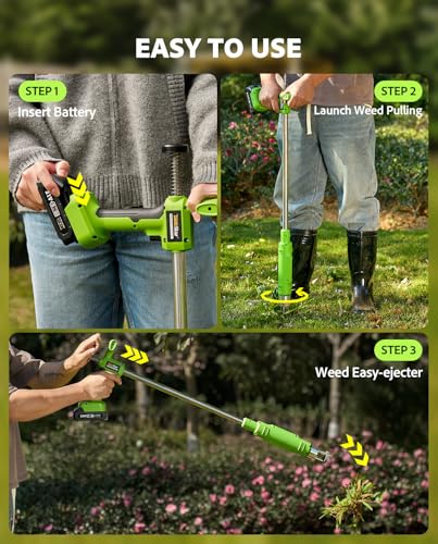 TaskStar Electric Weed Puller Tool: 21V Battery Powered w/ 2pcs 2000mAh, Heavy Duty 3-Claw Steel Root Weeder Stand-Up Remover Picker Grabber Popper, for Dandelion Lawn Garden Yard EWP001
