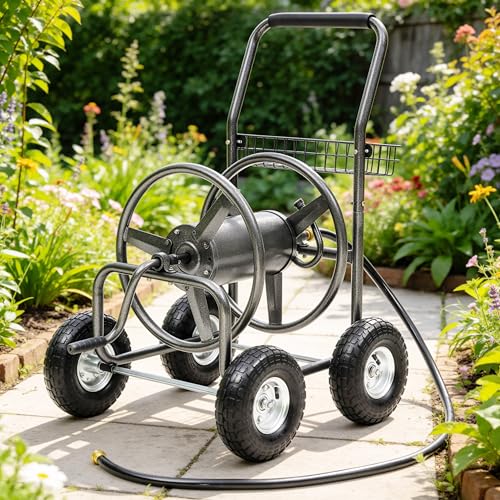 Garden Water Hose Reel Cart - 250 ft. Capacity, 10" Pneumatic Tires, Powder-Coated Steel Frame for Tangle-Free Garden Hose Storage - color: Gray