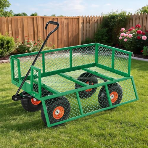 Heavy Duty Steel Garden Cart - 500 lbs Capacity, 3-in-1 Outdoor Utility Wagon, Removable Mesh Sides, Flexible Handle, 10" Wheels for Yard, Lawn, Garden Transport - Green & Orange | 500 pounds - color: Green and Orange, size: 500 LBS
